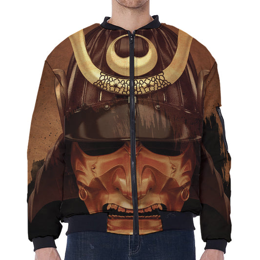 Old Japanese Samurai Mask Print Zip Sleeve Bomber Jacket