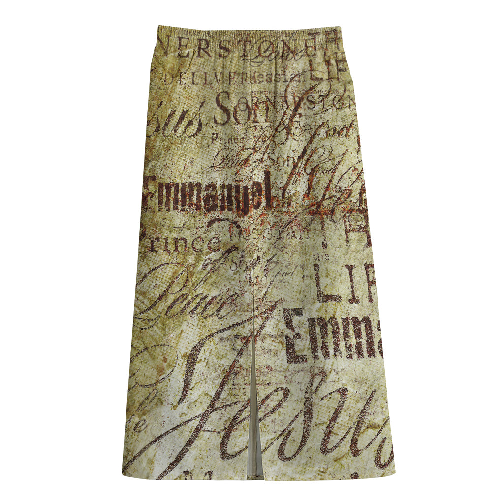 Old Religious Words Print Cotton Front Slit Maxi Skirt