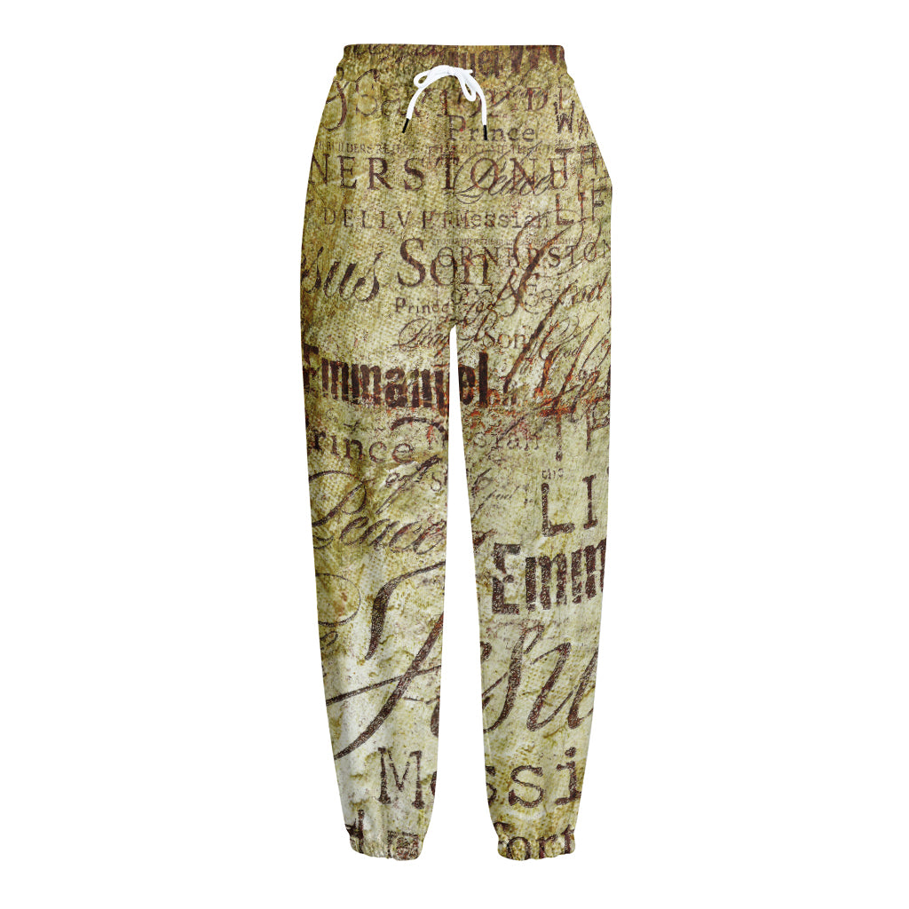 Old Religious Words Print Fleece Lined Knit Pants