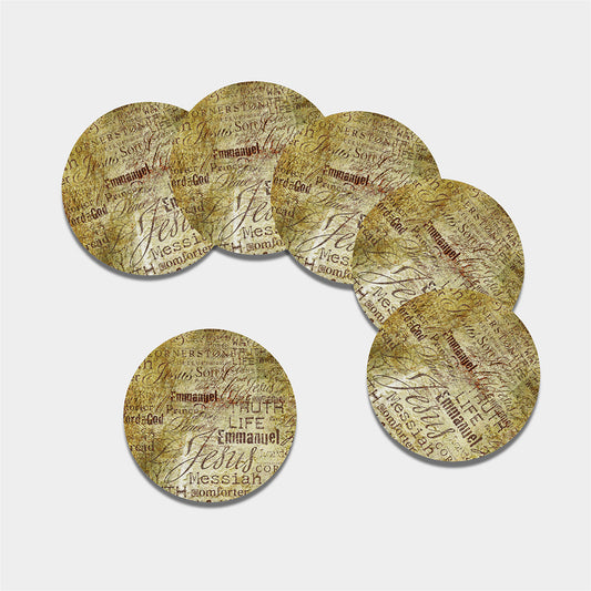 Old Religious Words Print Leather Coaster Set