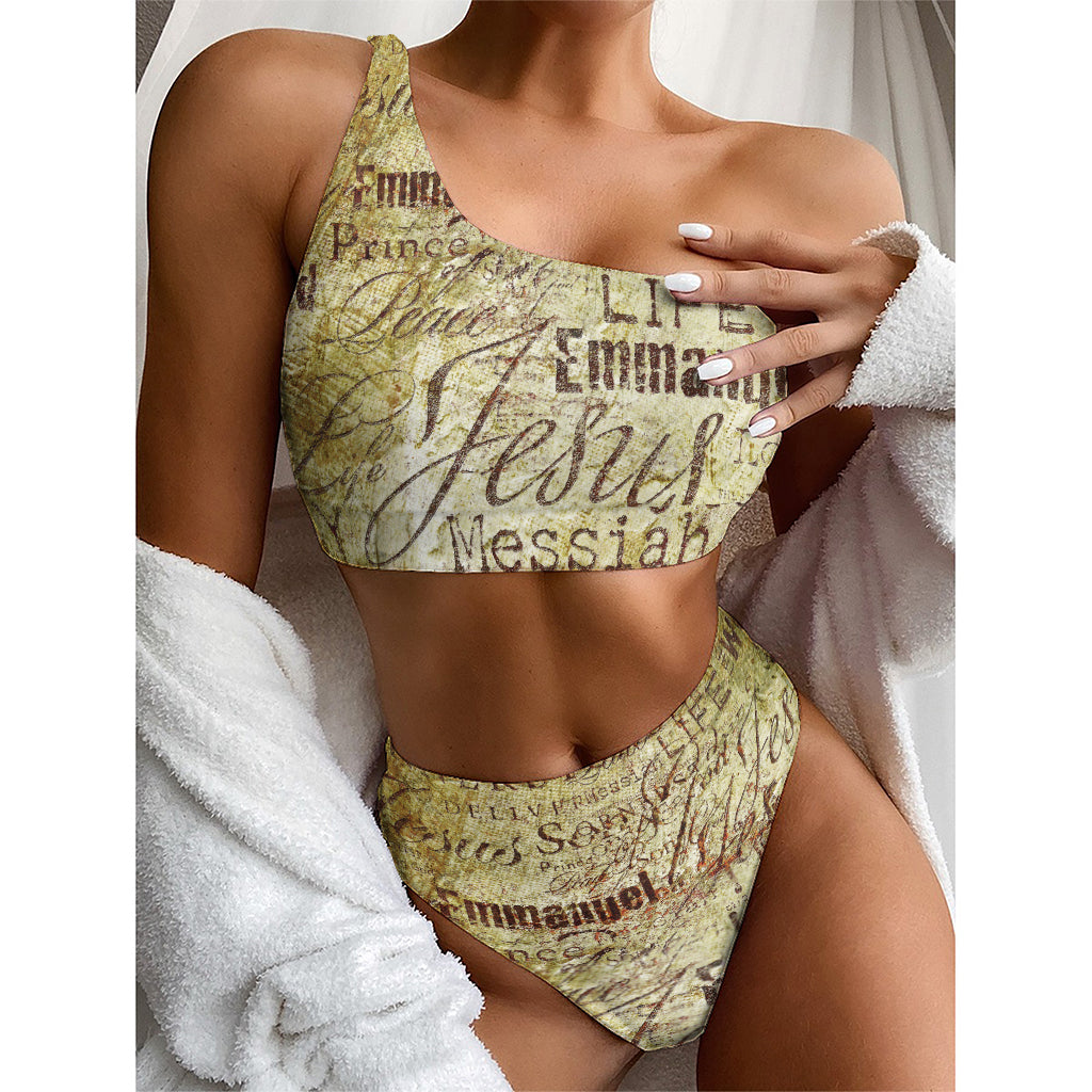 Old Religious Words Print One Shoulder Bikini Top