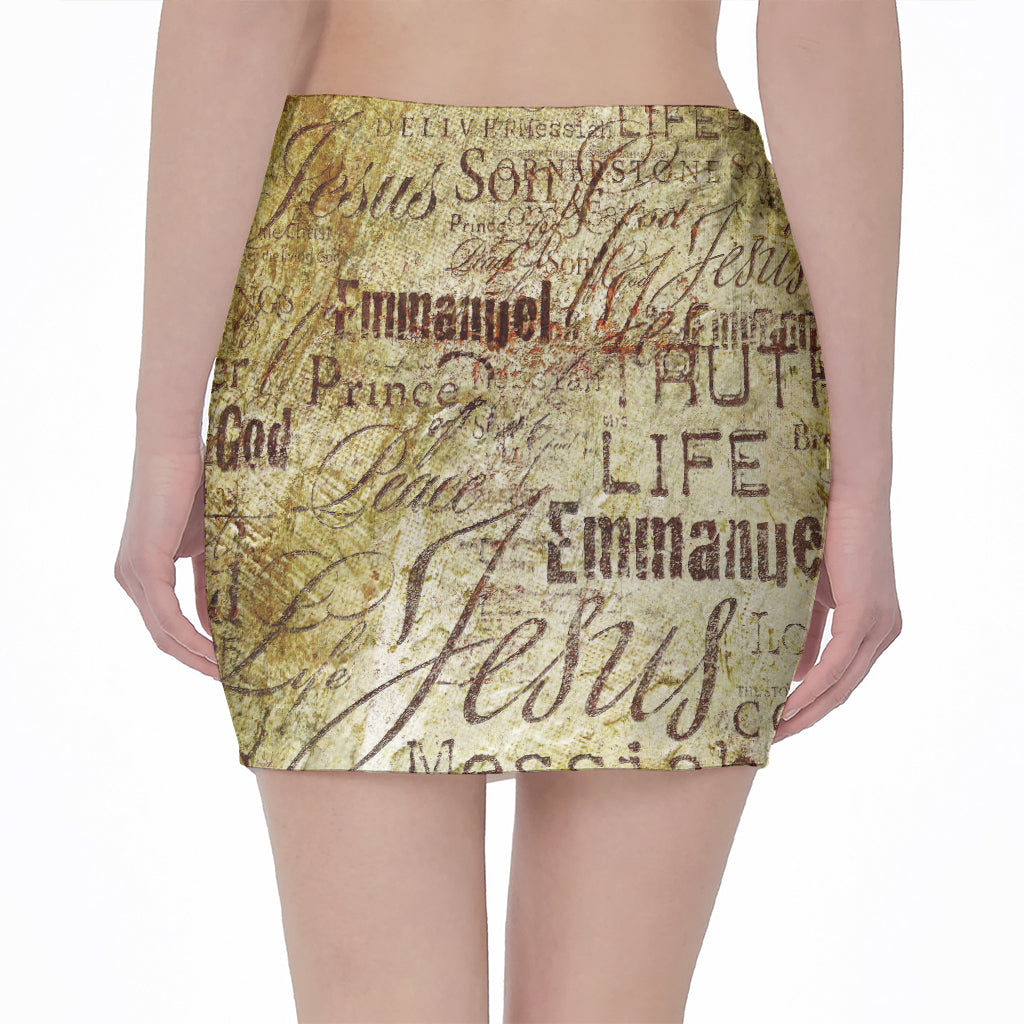 Old Religious Words Print Pencil Mini Skirt