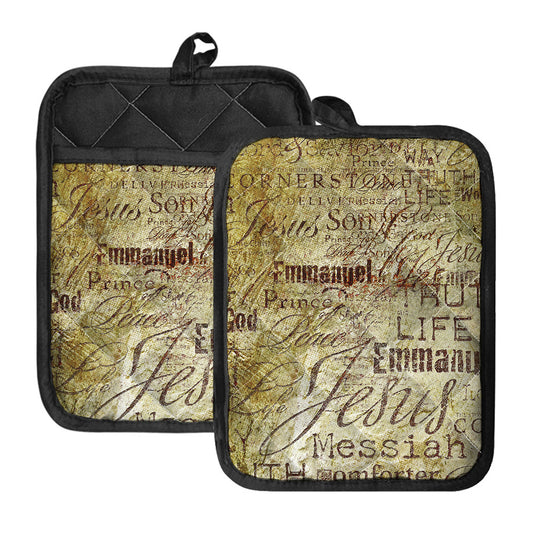 Old Religious Words Print Pot Holders With Pocket