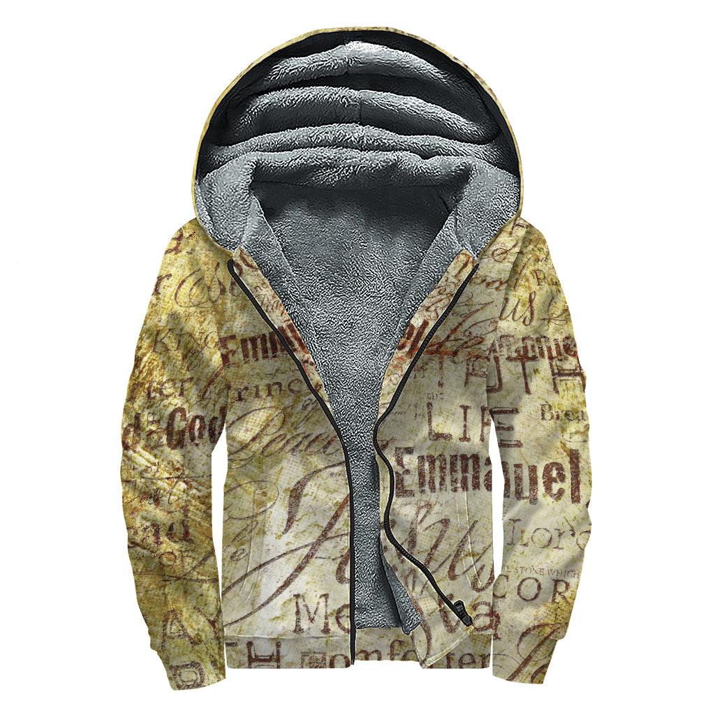 Old Religious Words Print Sherpa Lined Zip Up Hoodie