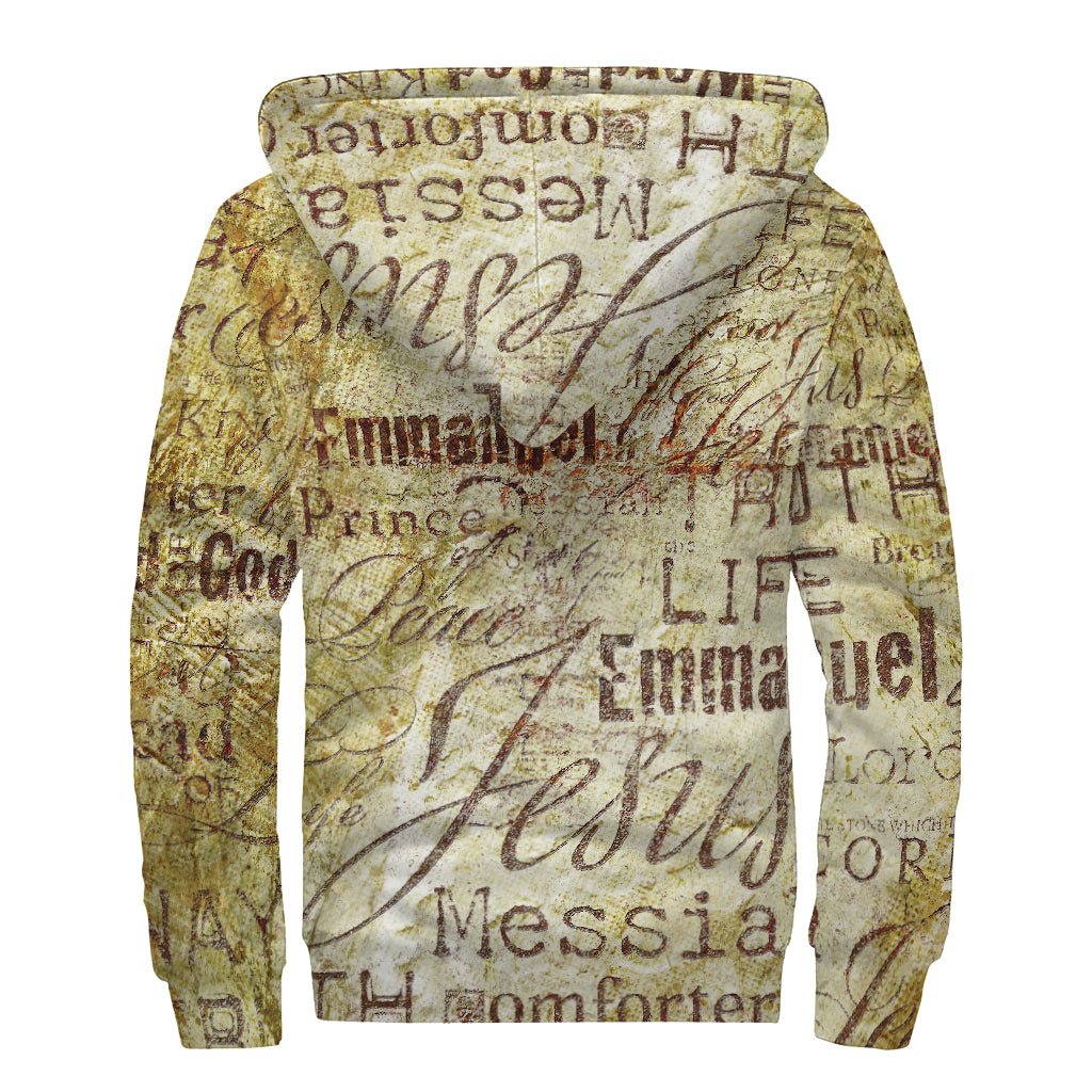 Old Religious Words Print Sherpa Lined Zip Up Hoodie