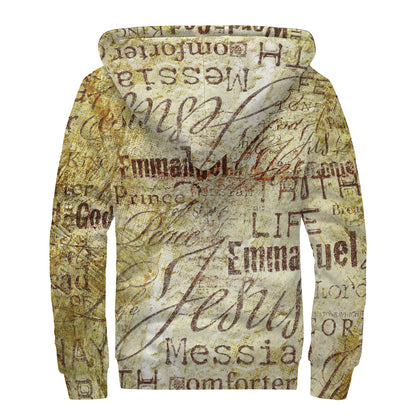 Old Religious Words Print Sherpa Lined Zip Up Hoodie