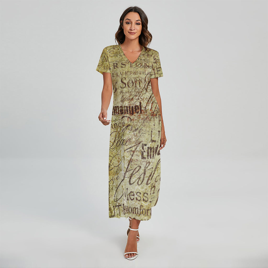 Old Religious Words Print Short Sleeve Maxi Dress