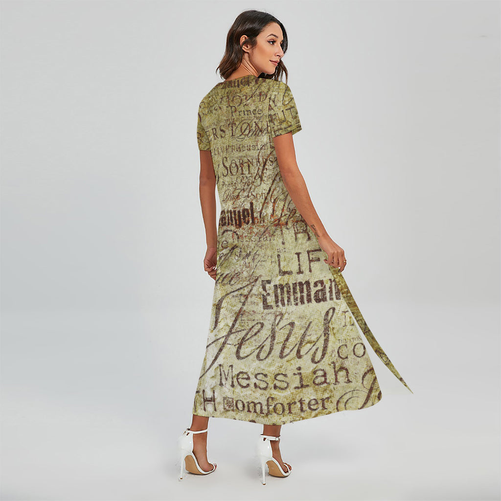 Old Religious Words Print Short Sleeve Maxi Dress