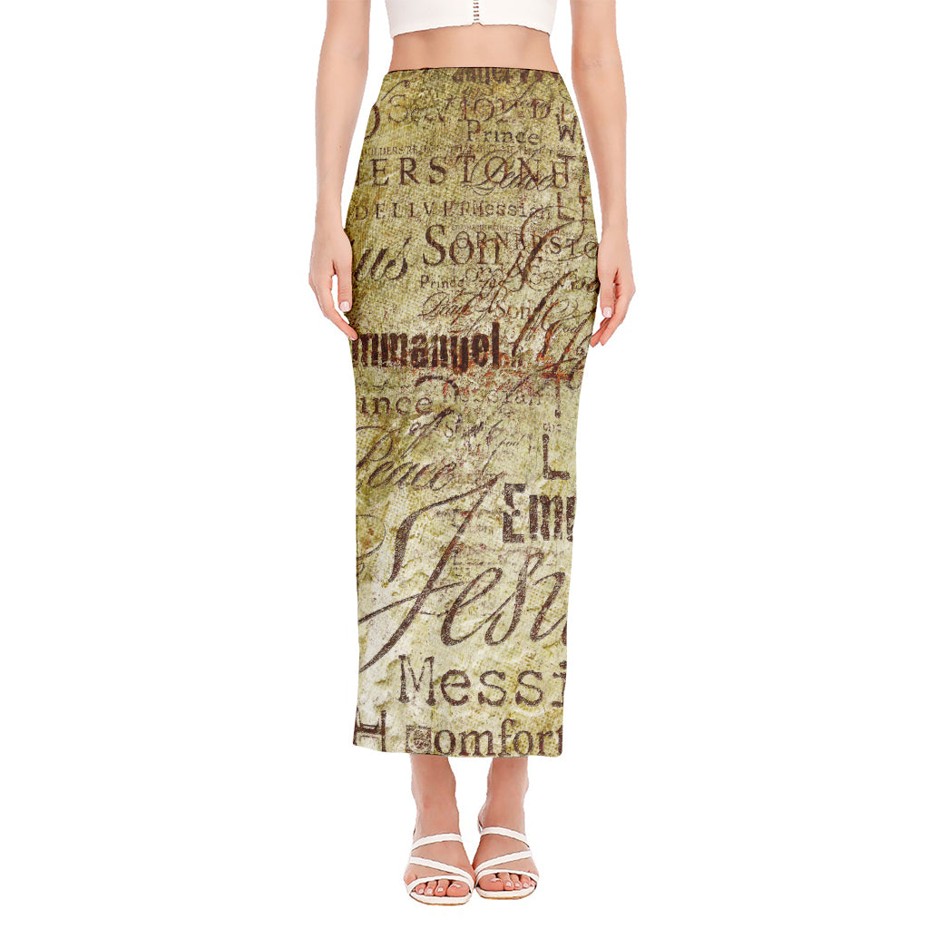 Old Religious Words Print Side Slit Maxi Skirt