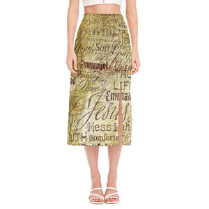 Old Religious Words Print Side Slit Midi Skirt