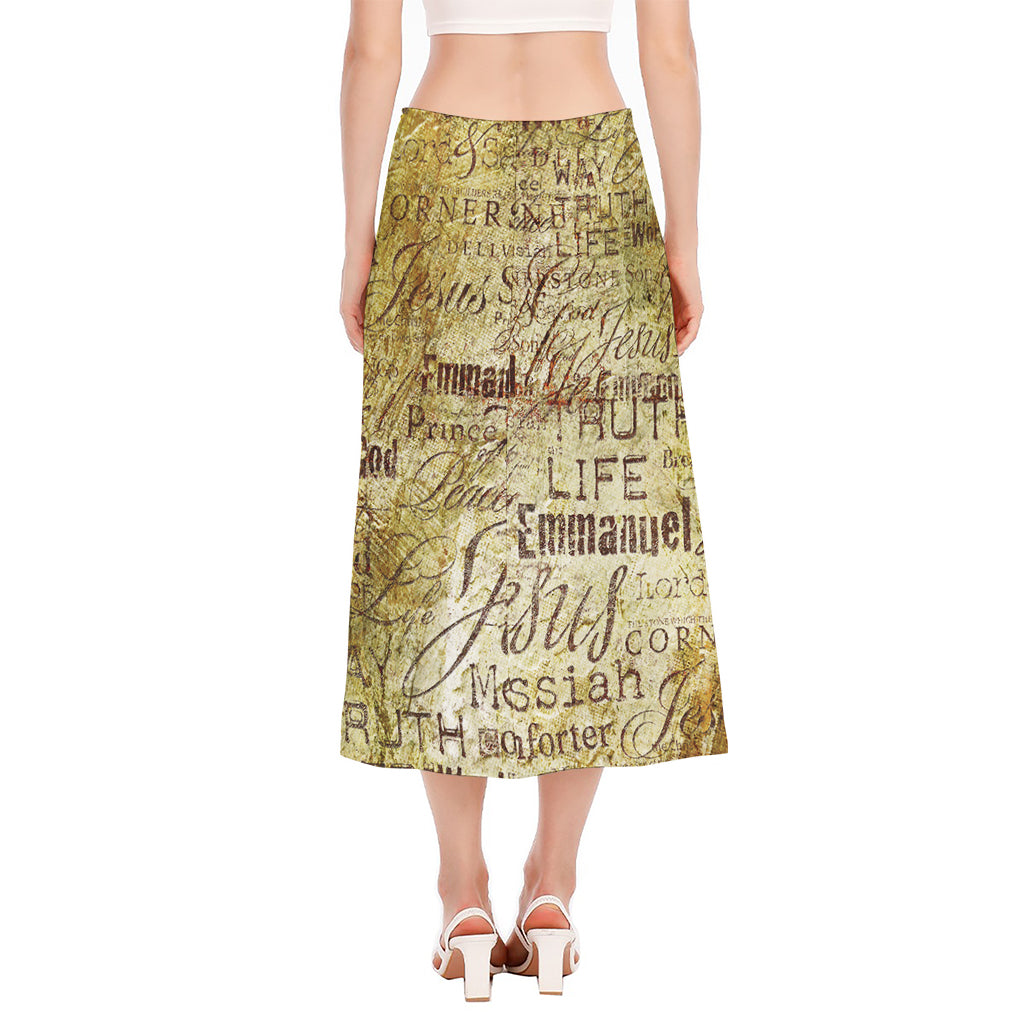 Old Religious Words Print Side Slit Midi Skirt