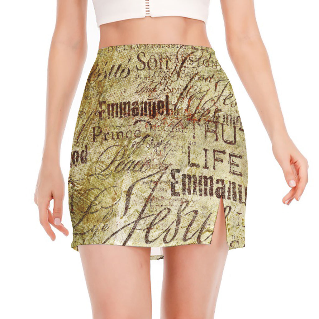 Old Religious Words Print Side Slit Mini Skirt