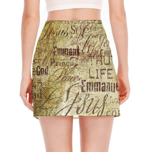 Old Religious Words Print Side Slit Mini Skirt