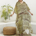 Old Religious Words Print Silk V-Neck Kaftan Dress