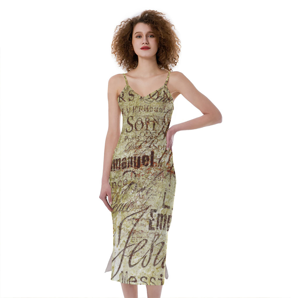 Old Religious Words Print Slim Fit Midi Cami Dress