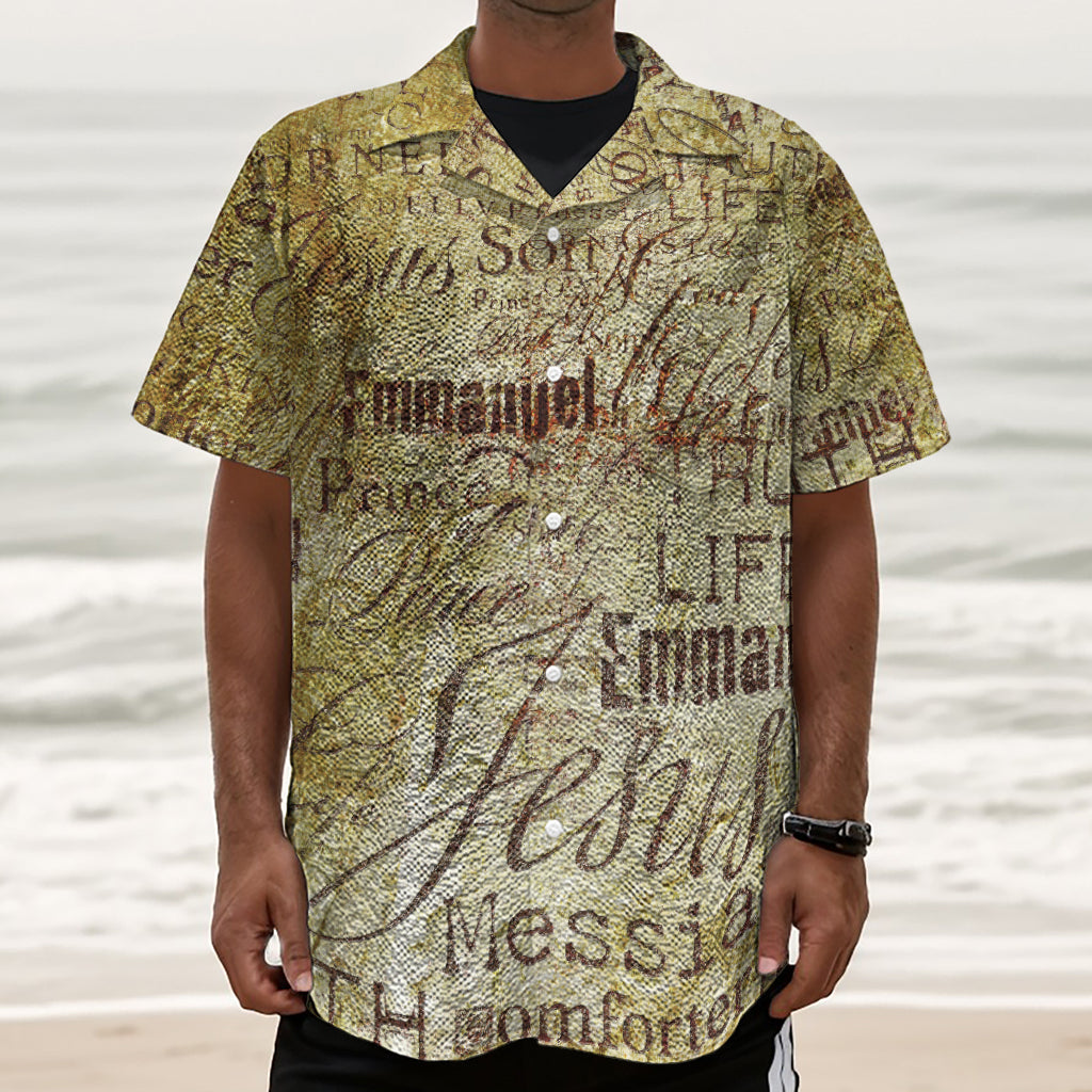 Old Religious Words Print Textured Short Sleeve Shirt