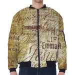 Old Religious Words Print Zip Sleeve Bomber Jacket