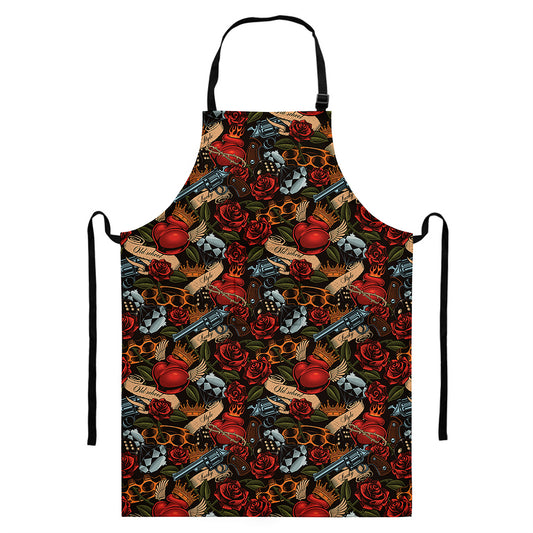 Old School Tattoo Print Bib Apron With Pocket
