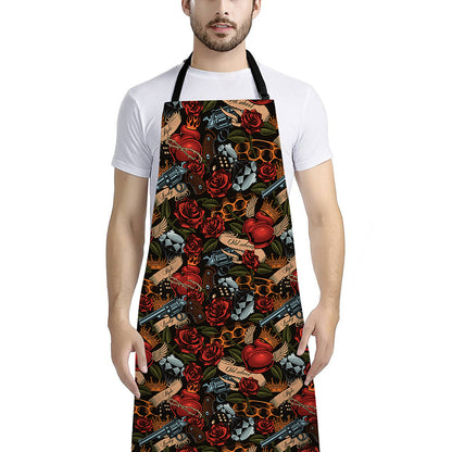Old School Tattoo Print Bib Apron With Pocket