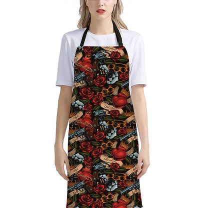 Old School Tattoo Print Bib Apron With Pocket