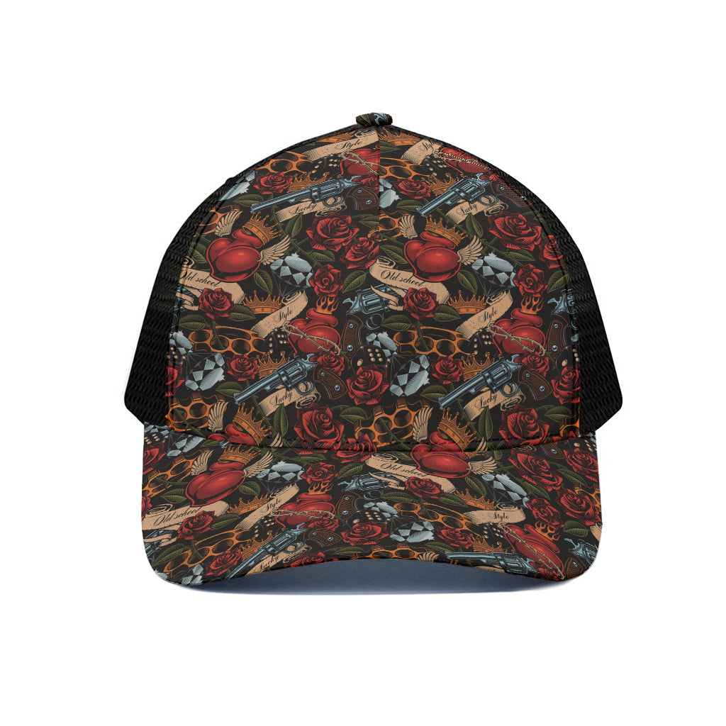 Old School Tattoo Print Black Mesh Trucker Cap