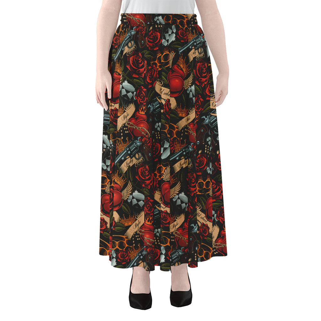 Old School Tattoo Print Chiffon Maxi Skirt