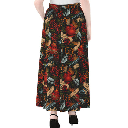 Old School Tattoo Print Chiffon Maxi Skirt