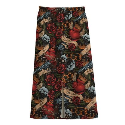 Old School Tattoo Print Cotton Front Slit Maxi Skirt