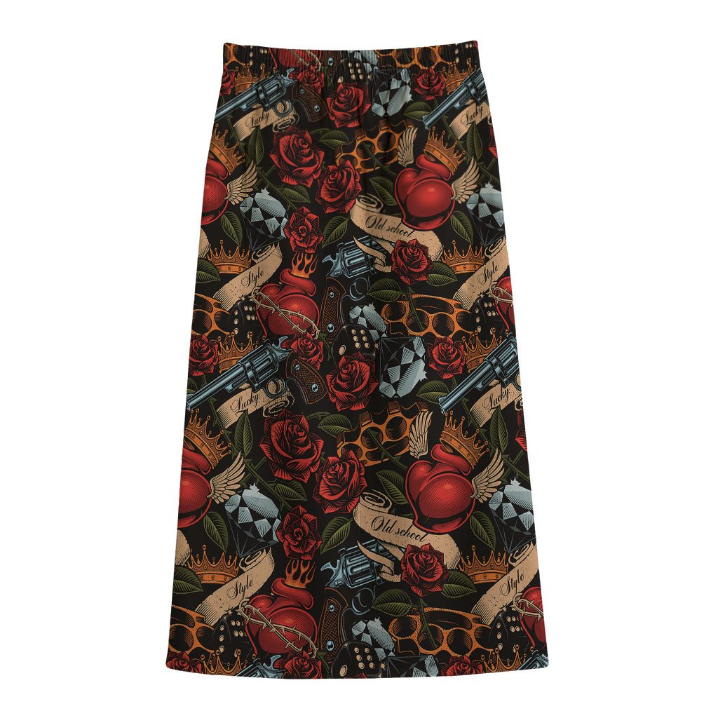 Old School Tattoo Print Cotton Front Slit Maxi Skirt