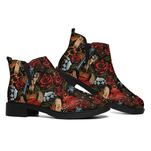 Old School Tattoo Print Flat Ankle Boots