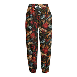 Old School Tattoo Print Fleece Lined Knit Pants