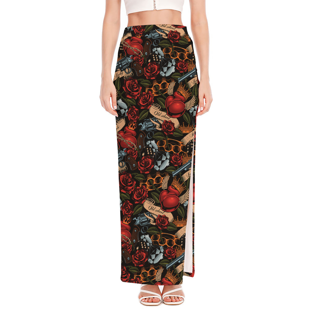 Old School Tattoo Print High Slit Maxi Skirt