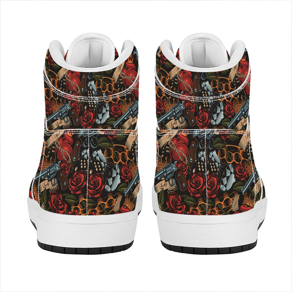 Old School Tattoo Print High Top Leather Sneakers