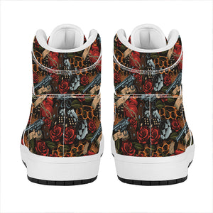 Old School Tattoo Print High Top Leather Sneakers