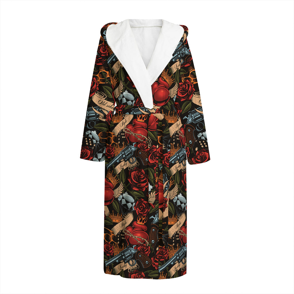 Old School Tattoo Print Hooded Bathrobe