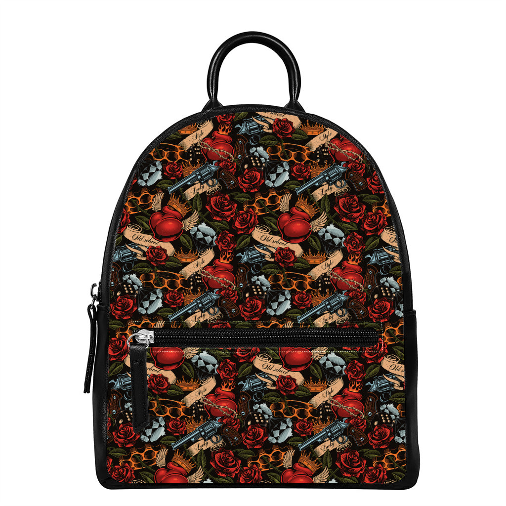 Old School Tattoo Print Leather Backpack