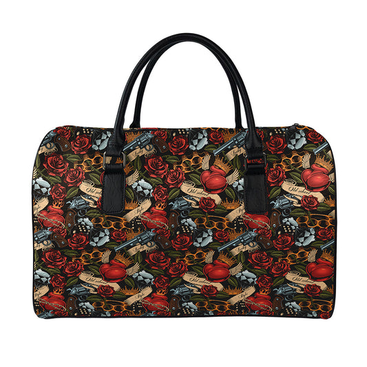Old School Tattoo Print Leather Duffle Bag