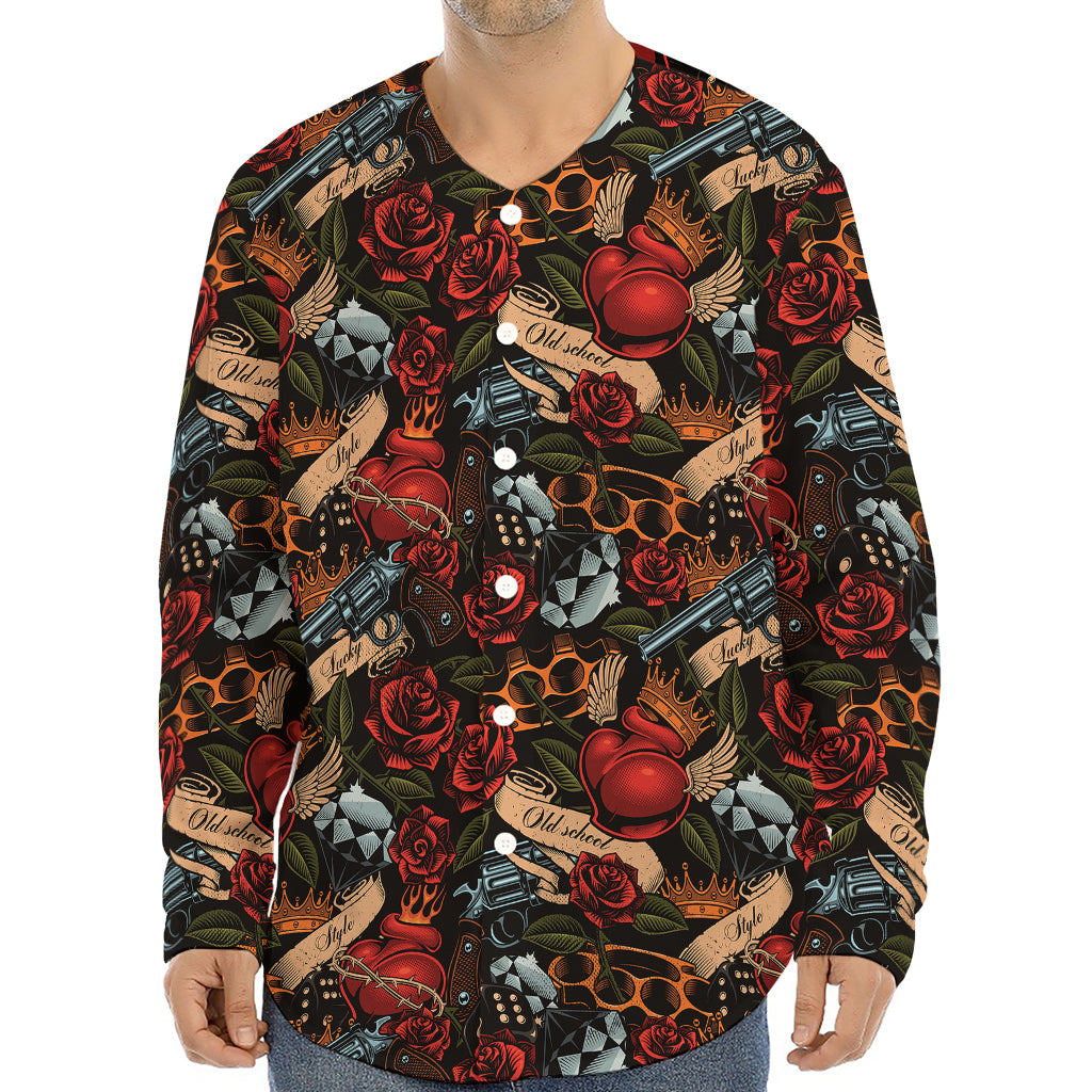 Old School Tattoo Print Long Sleeve Baseball Jersey