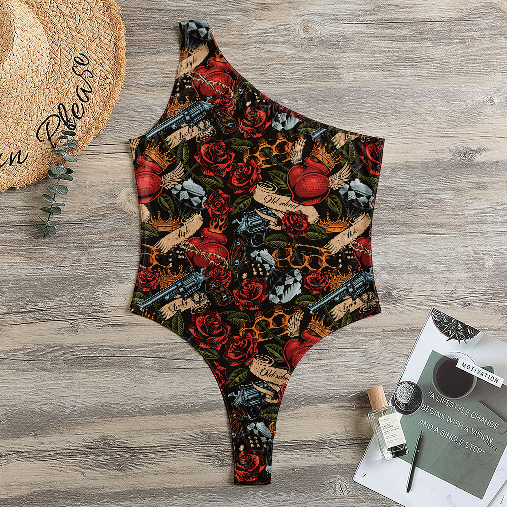 Old School Tattoo Print One Shoulder Bodysuit