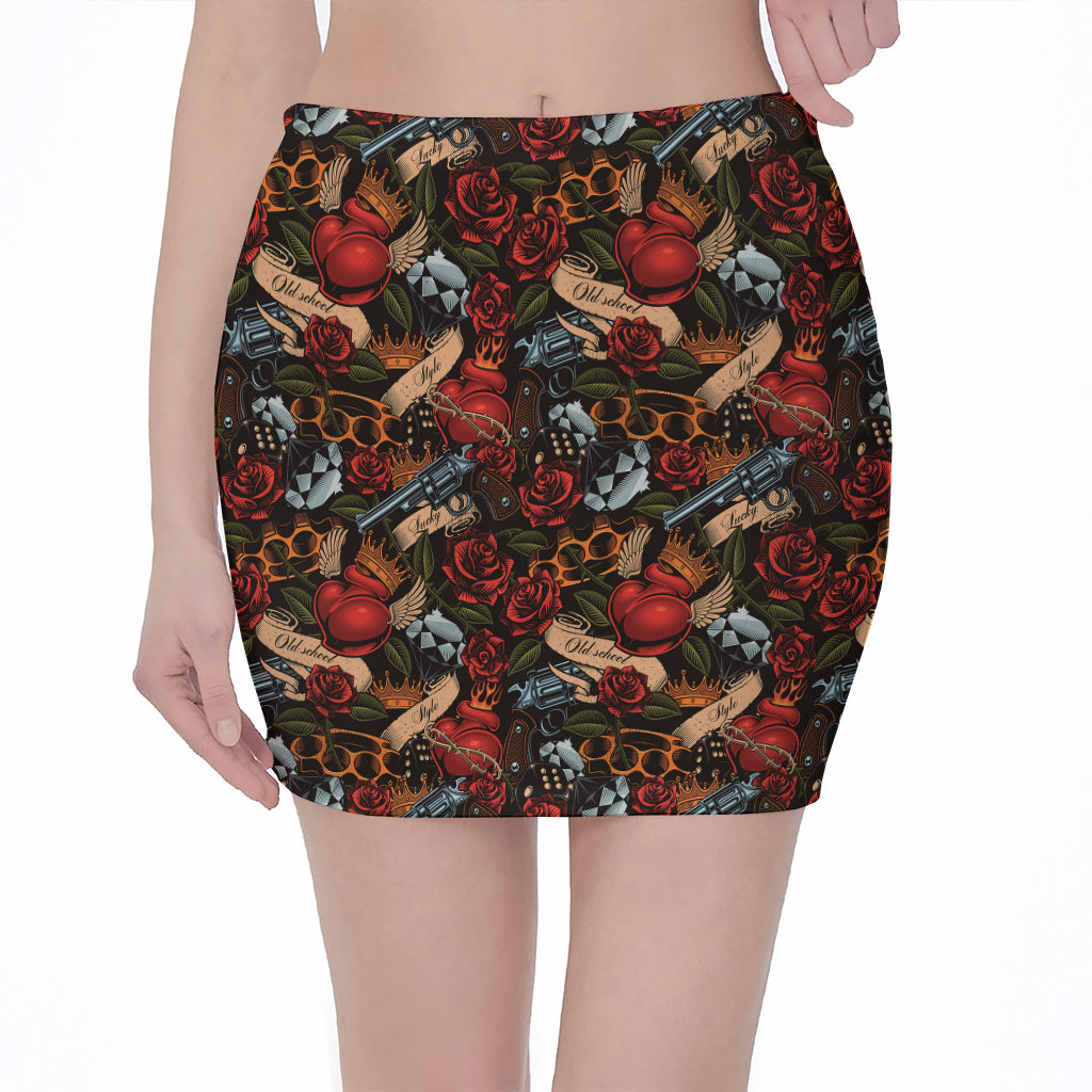 Old School Tattoo Print Pencil Mini Skirt