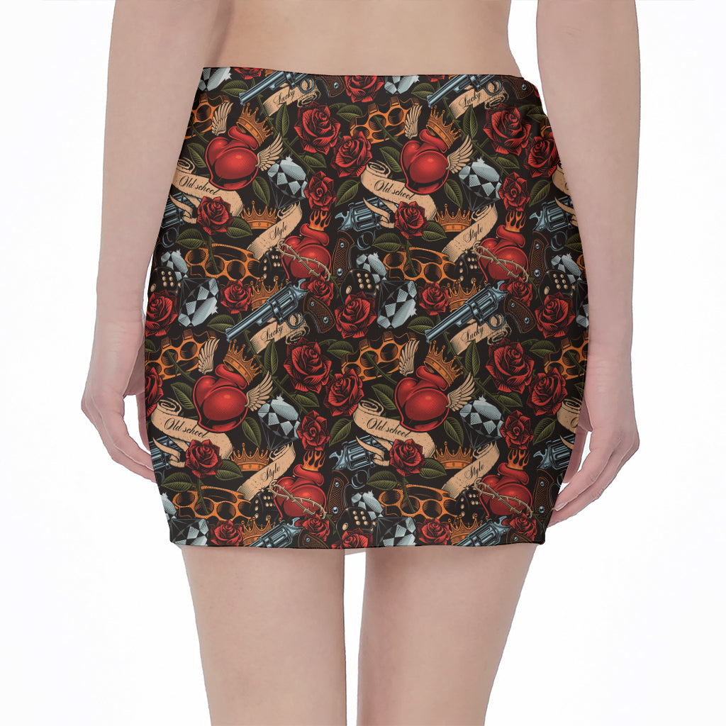 Old School Tattoo Print Pencil Mini Skirt