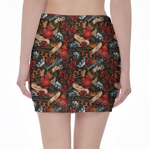 Old School Tattoo Print Pencil Mini Skirt