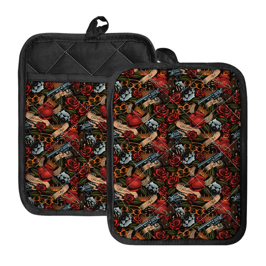 Old School Tattoo Print Pot Holders With Pocket
