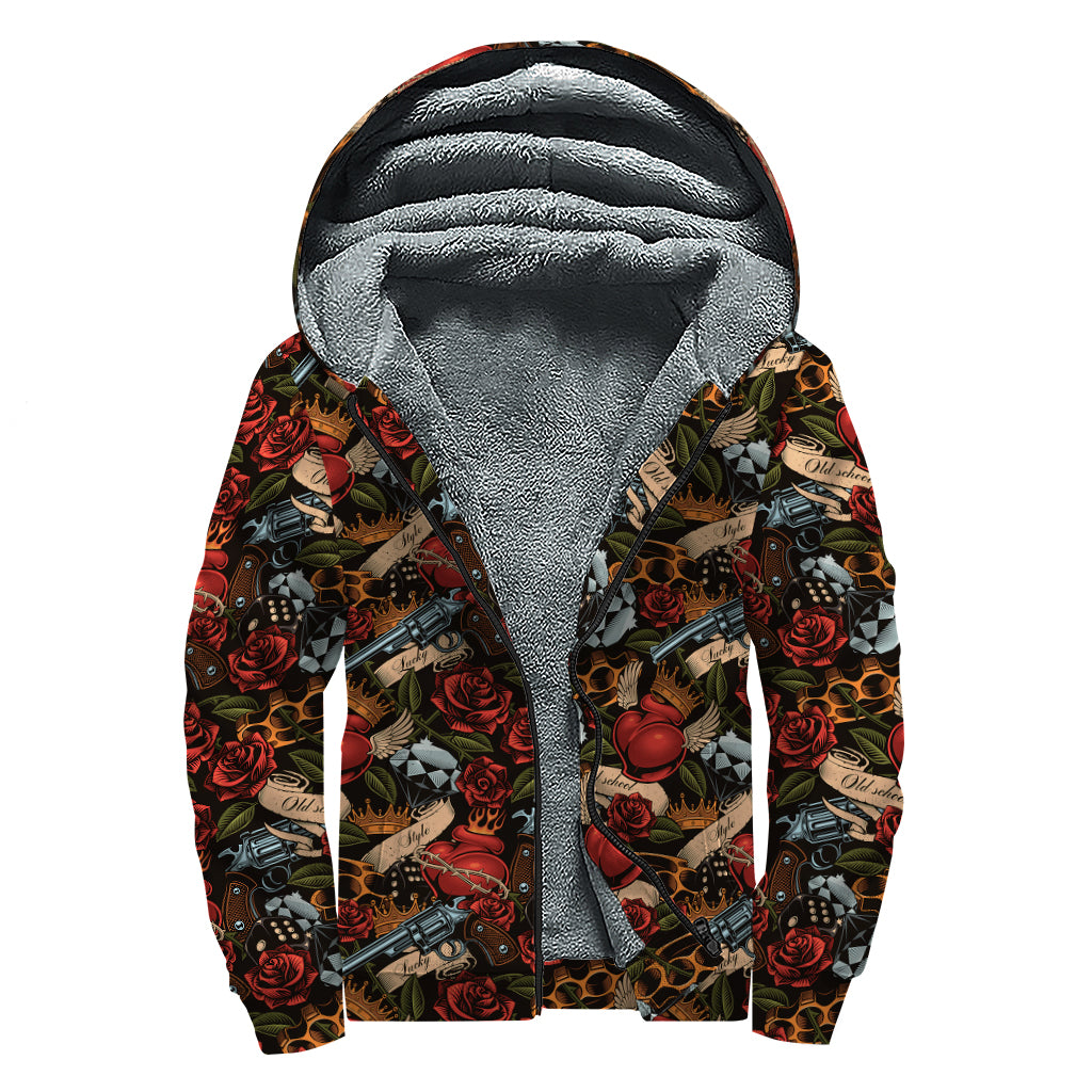 Old School Tattoo Print Sherpa Lined Zip Up Hoodie