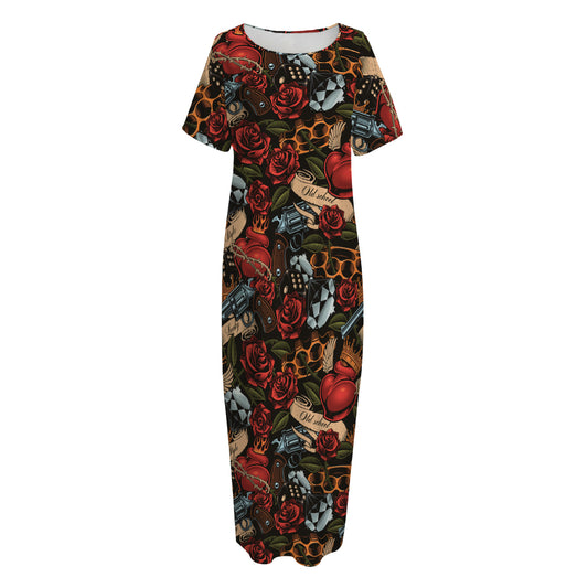 Old School Tattoo Print Short Sleeve Long Nightdress