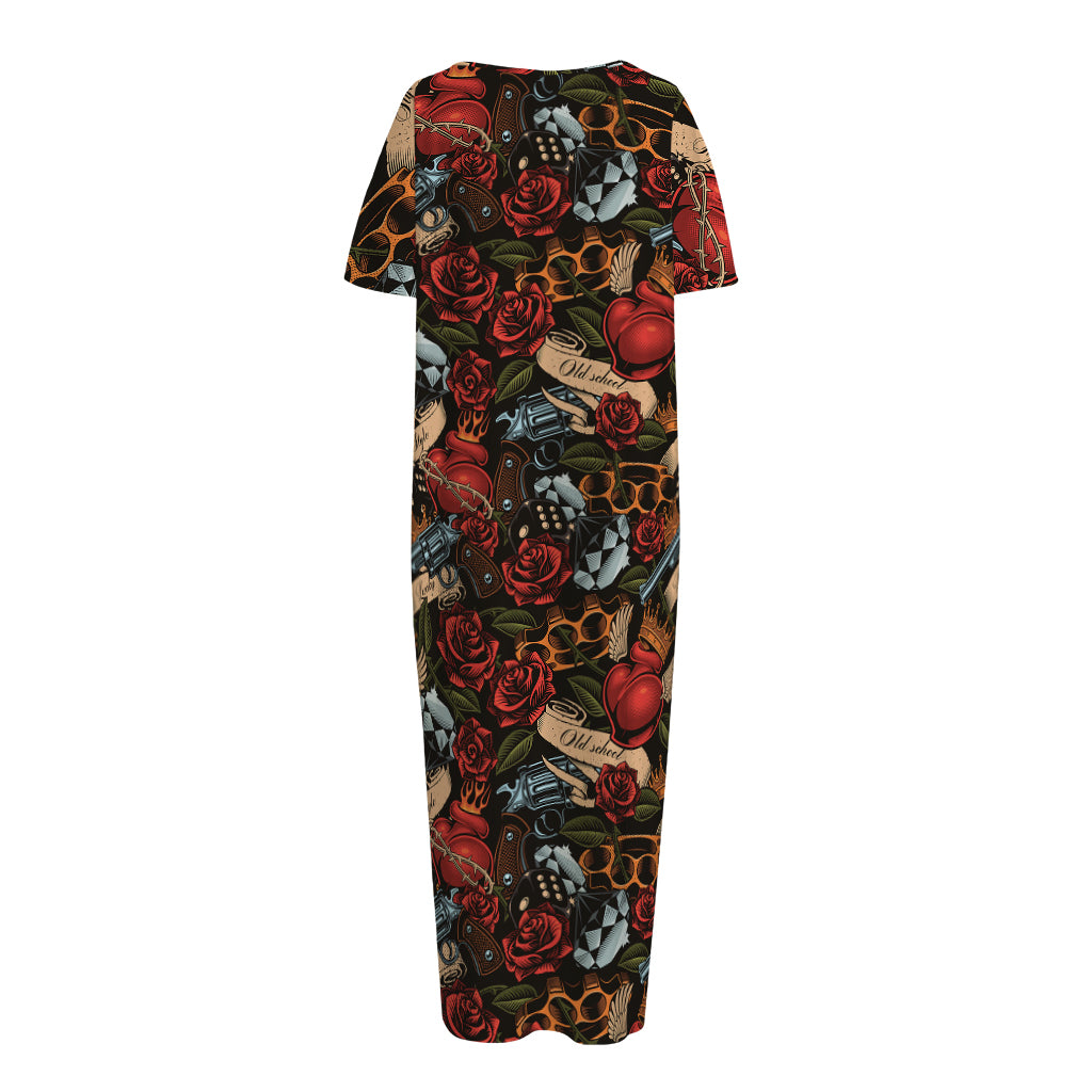 Old School Tattoo Print Short Sleeve Long Nightdress