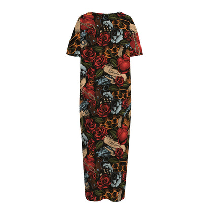 Old School Tattoo Print Short Sleeve Long Nightdress