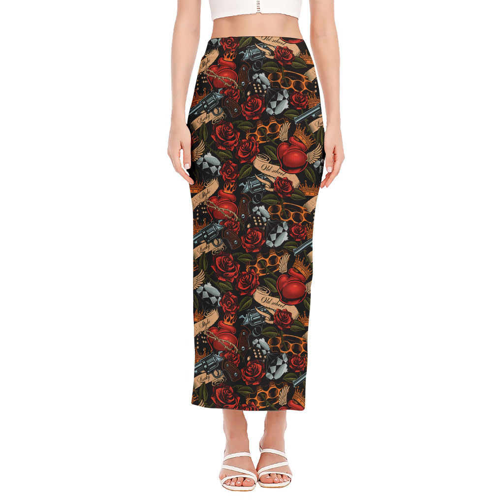 Old School Tattoo Print Side Slit Maxi Skirt