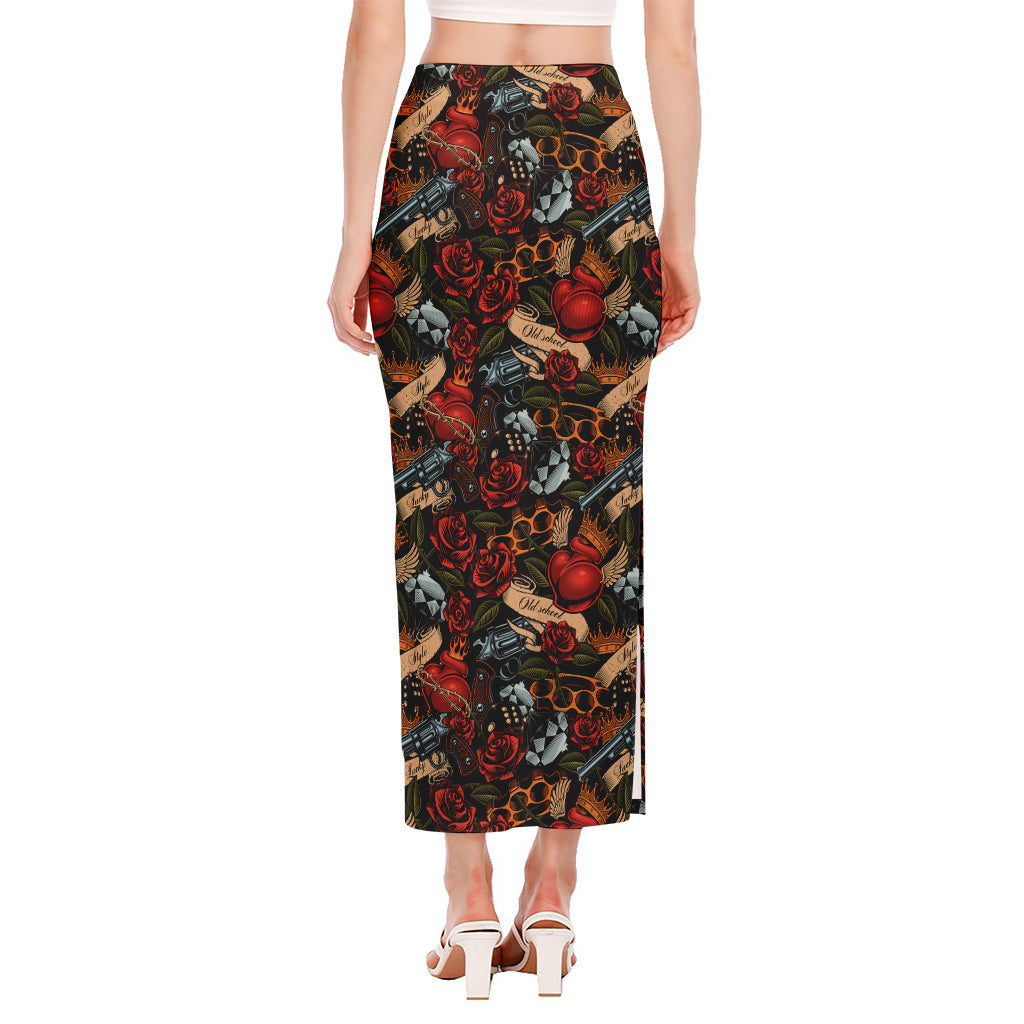 Old School Tattoo Print Side Slit Maxi Skirt
