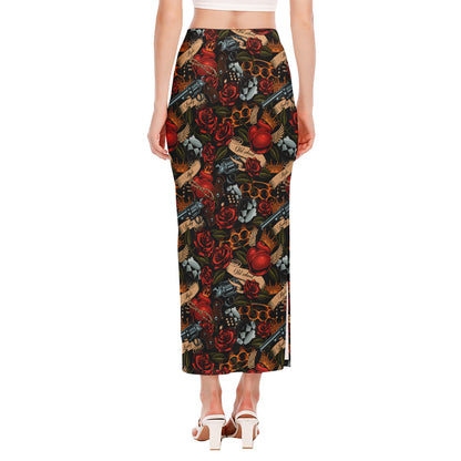 Old School Tattoo Print Side Slit Maxi Skirt